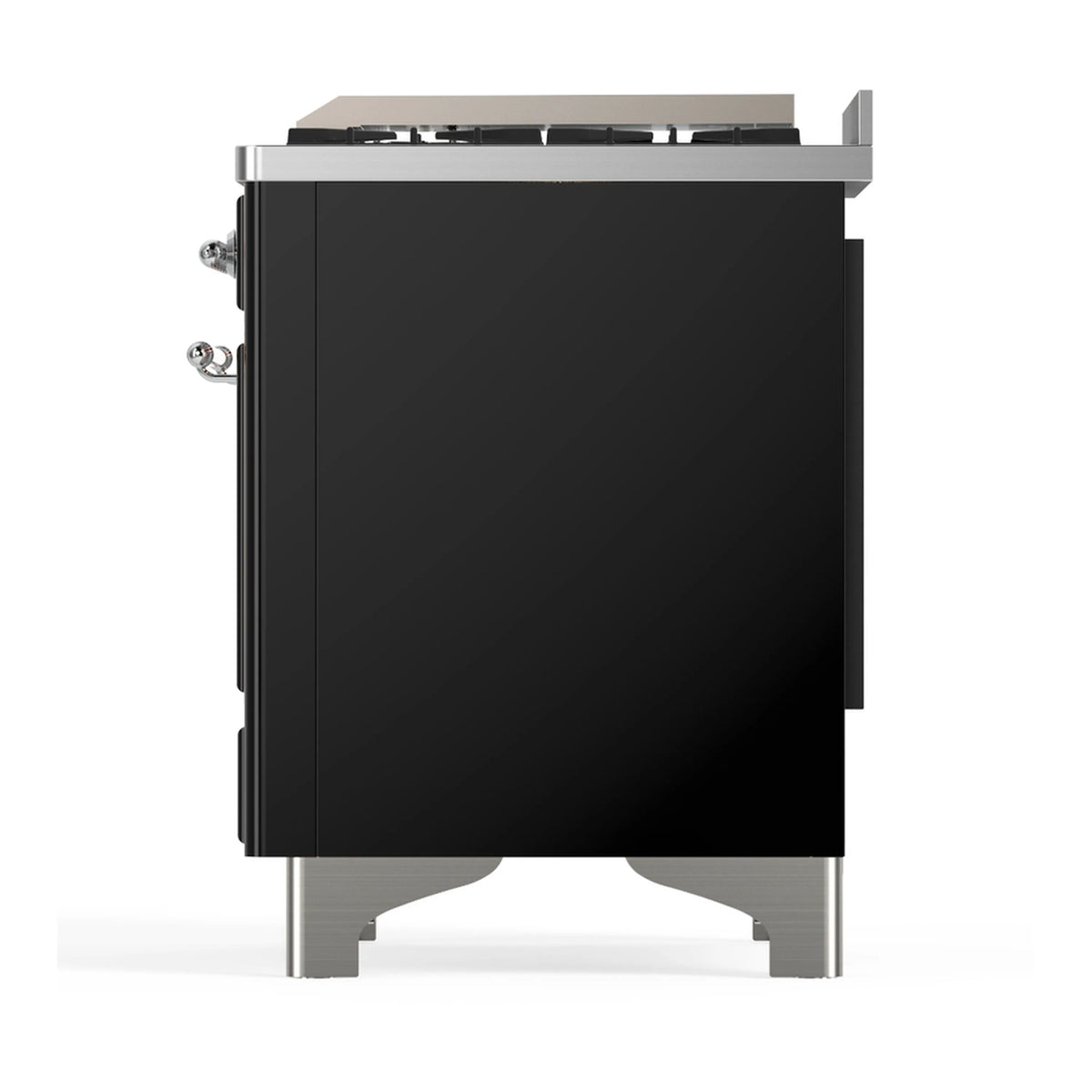 Glossy black dual fuel range side view with chrome legs and front edge hardware