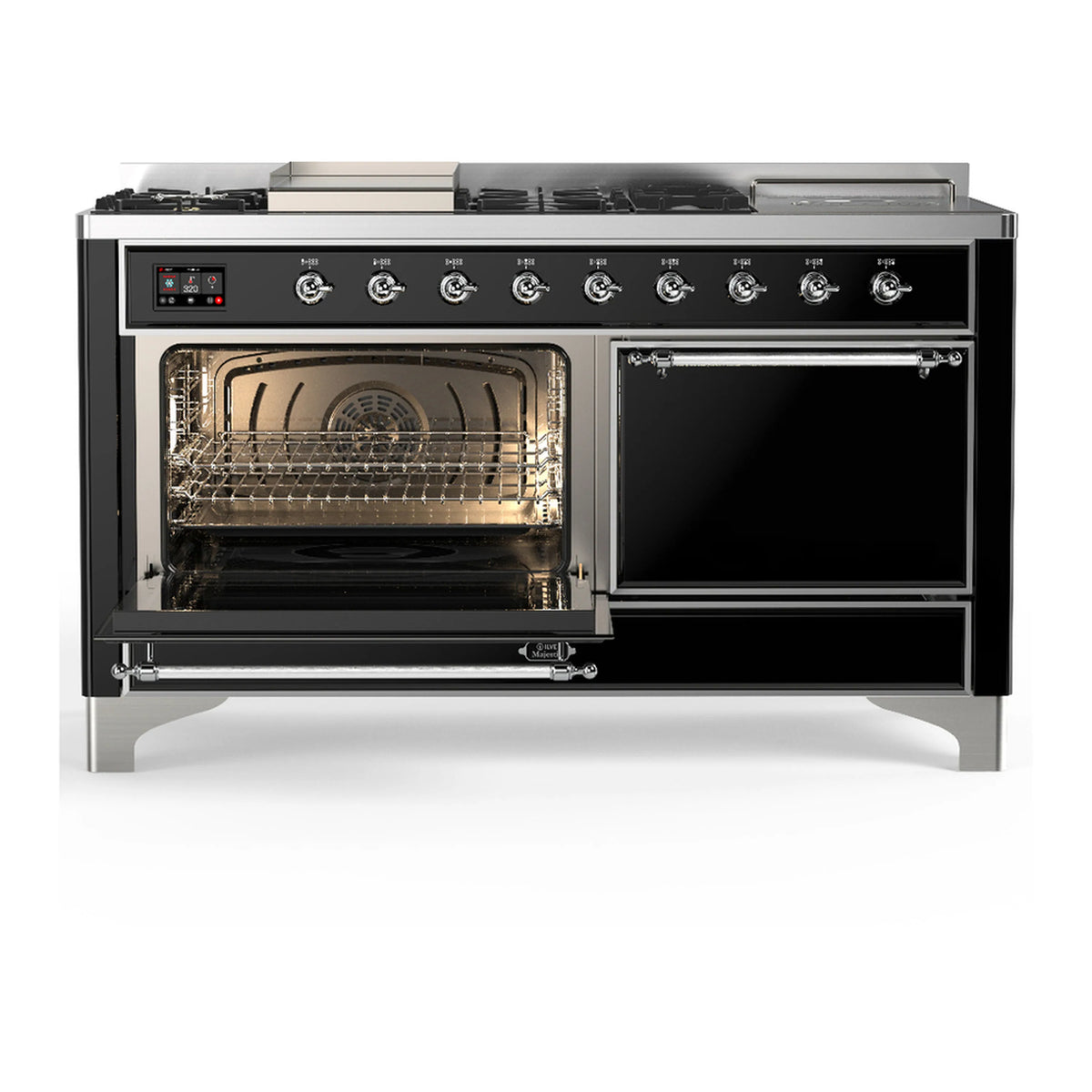 Glossy black dual-fuel range with left oven door open and right oven door closed