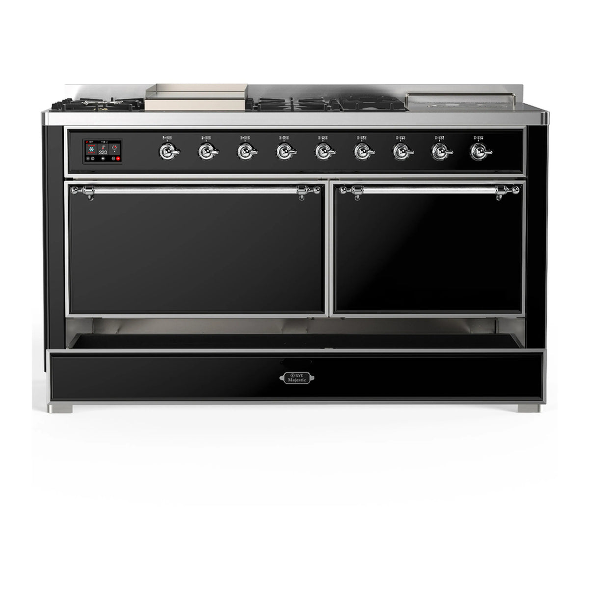 Glossy black dual-fuel range with closed double oven doors and bottom storage drawer