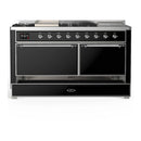 ILVE Majestic III 60-inch Dual Fuel Range with 7 Natural Gas Burner, Griddle, French Top and Solid Door Electric Oven in Glossy Black with Chrome Trim (UM60FSQNR3BKC)