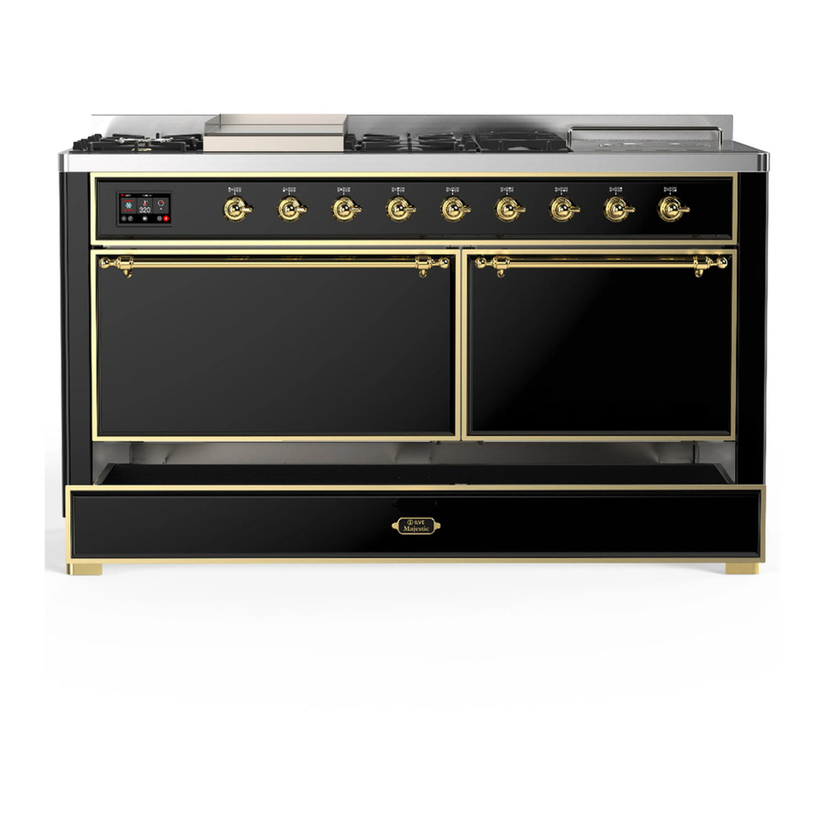 Glossy black dual fuel range with brass trim, two front doors closed and control panel