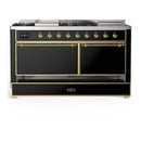ILVE Majestic III 60-inch Dual Fuel Range with 5 Liquid Propane Burner, Griddle, French Top and Solid Door Electric Oven in Glossy Black with Brass Trim (UM60FSQNR3BKGLP)