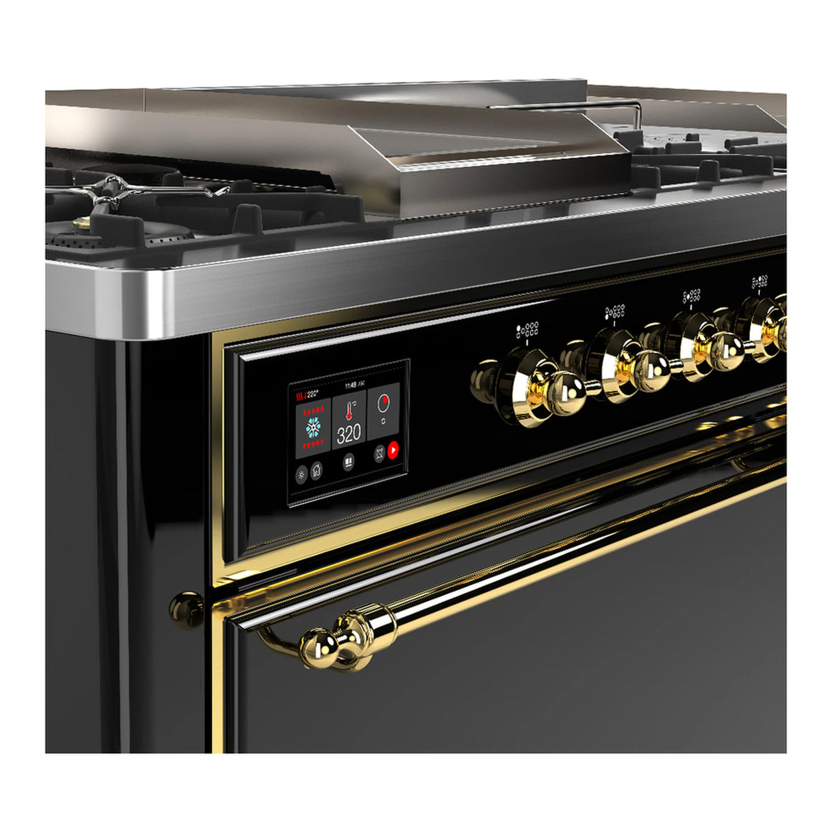 Black dual fuel range close-up of brass control panel and rotary burner knobs