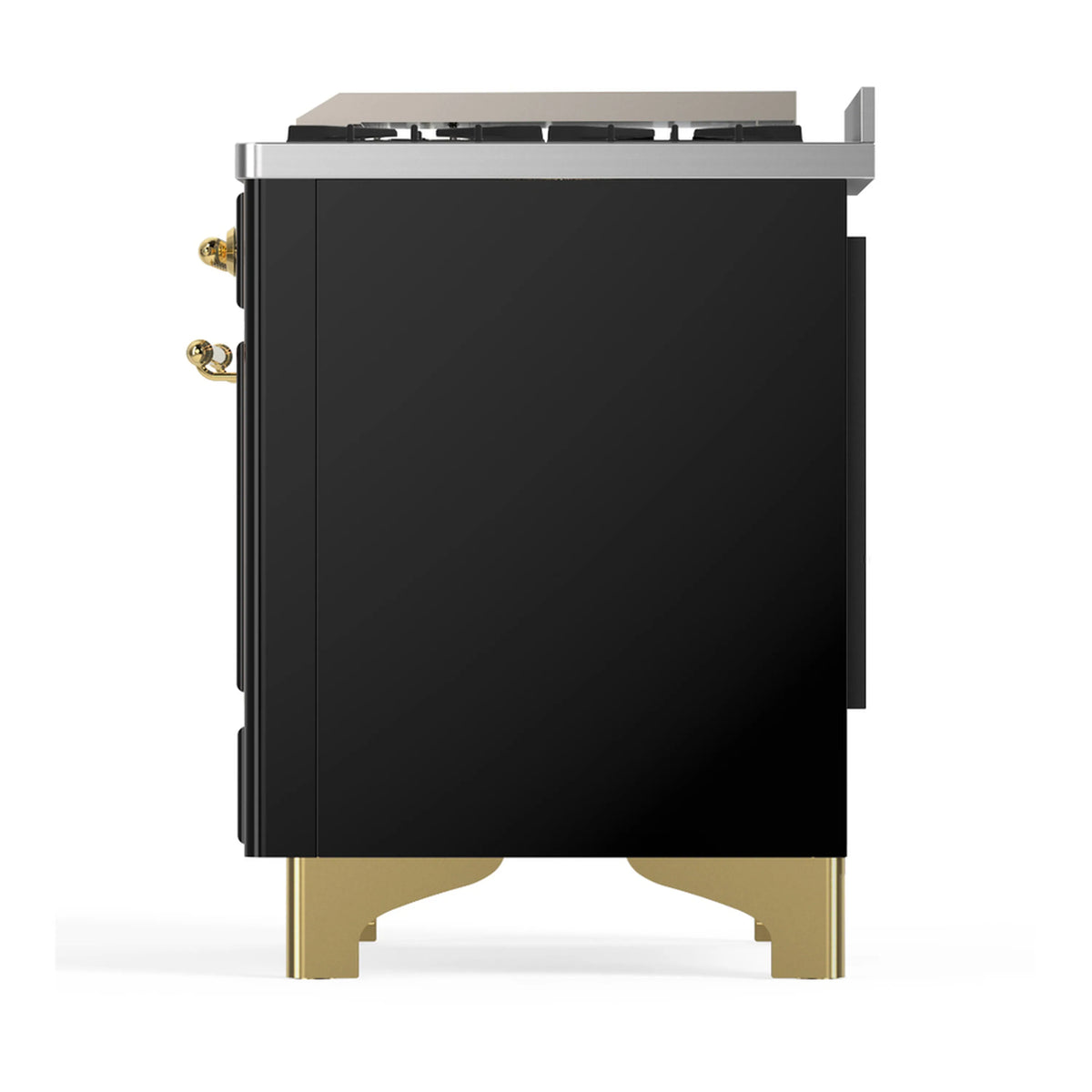 Side view of glossy black dual fuel range with brass trim, legs, and stainless cooktop