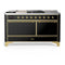 ILVE Majestic III 60-inch Dual Fuel Range with 5 Liquid Propane Burner, Griddle, French Top and Solid Door Electric Oven in Glossy Black with Brass Trim (UM60FSQNR3BKGLP)