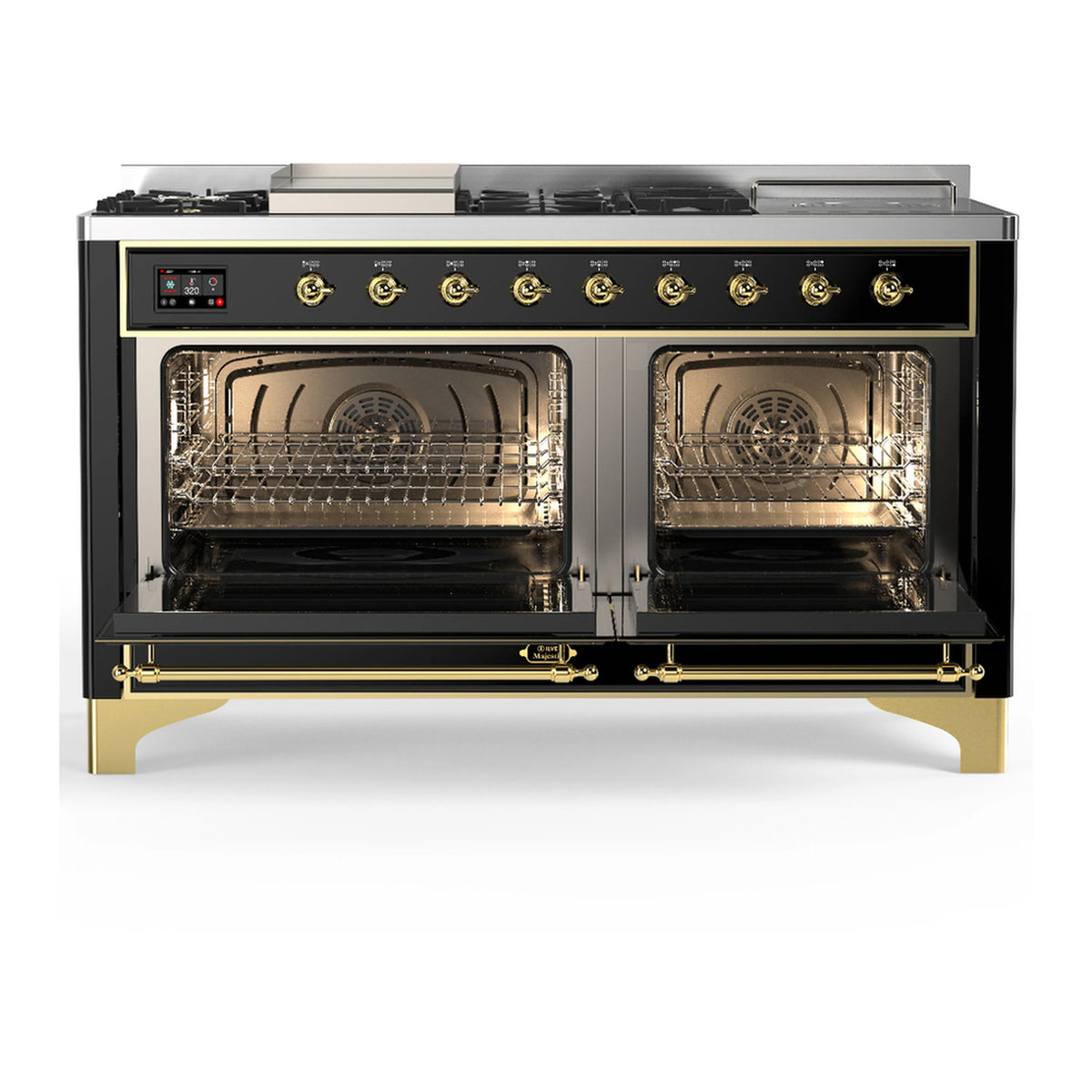 Glossy black range with brass trim and open ovens showing racks and interior