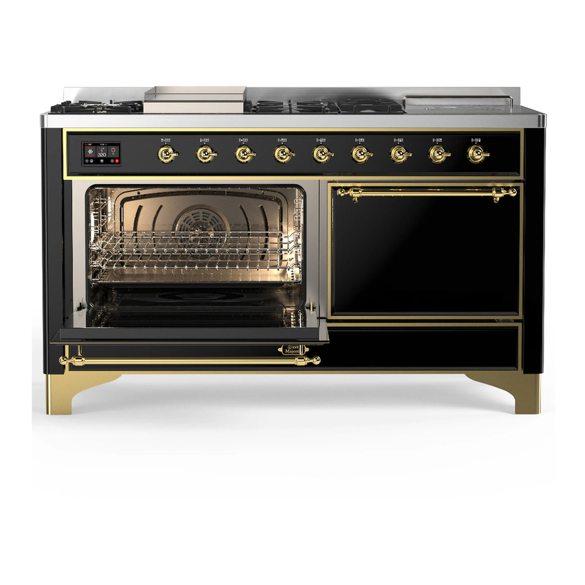 Glossy black dual-fuel range with brass-trimmed open oven and two door fronts