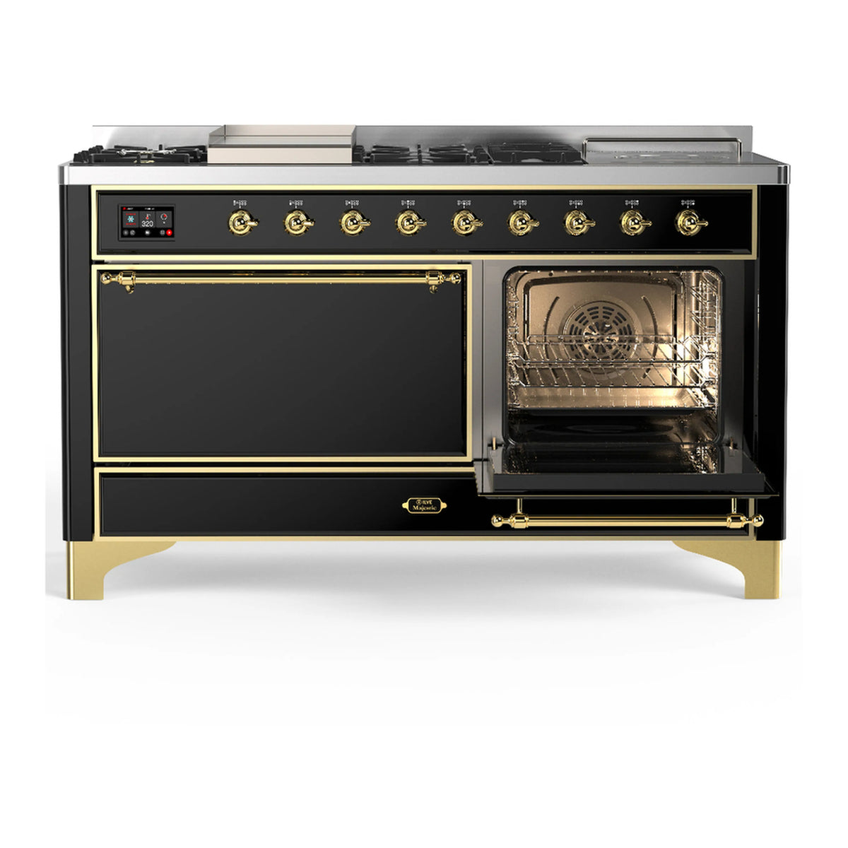 Glossy black range with brass trim, left oven door window, and right oven door