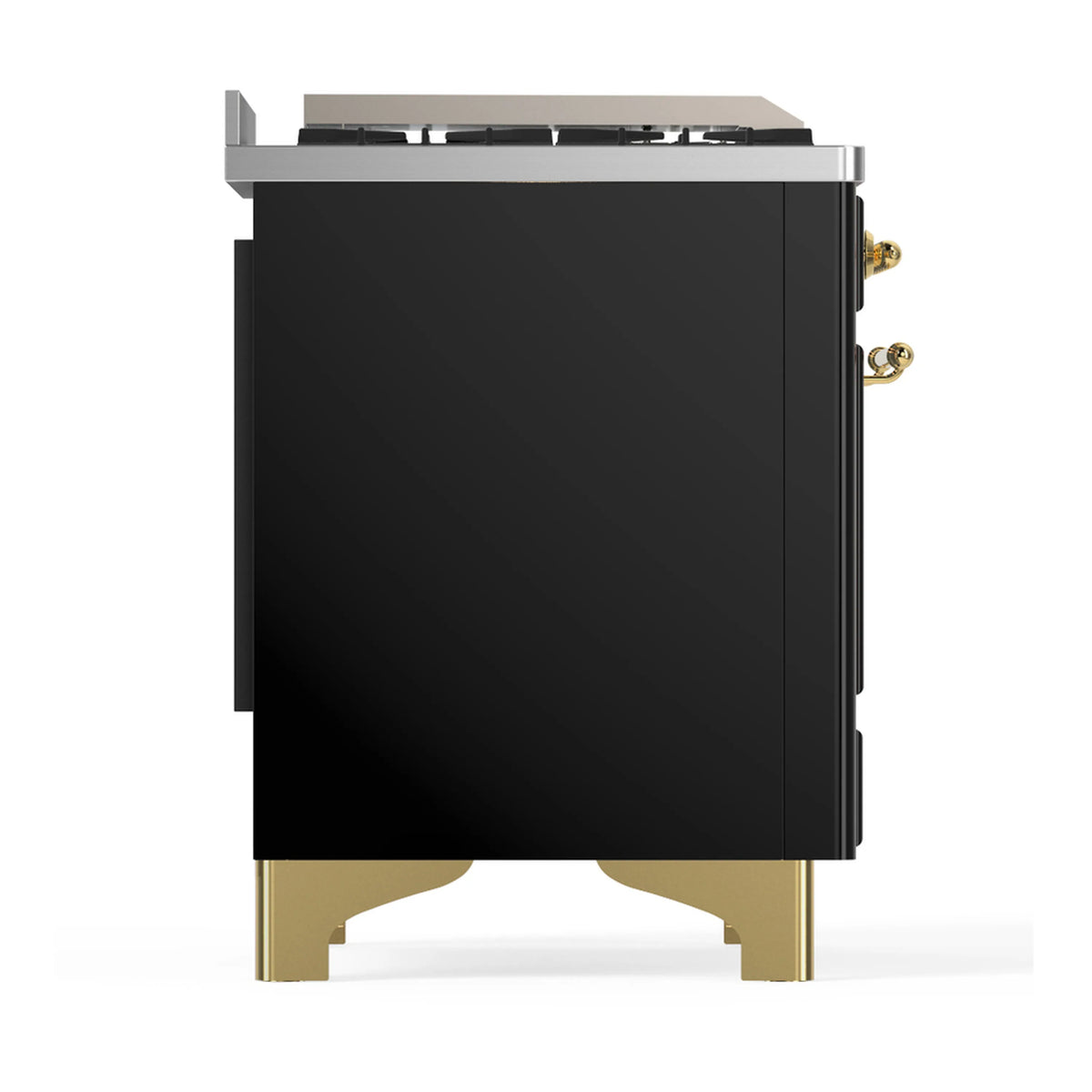 Side view of glossy black range with brass base feet and stainless cooktop edges