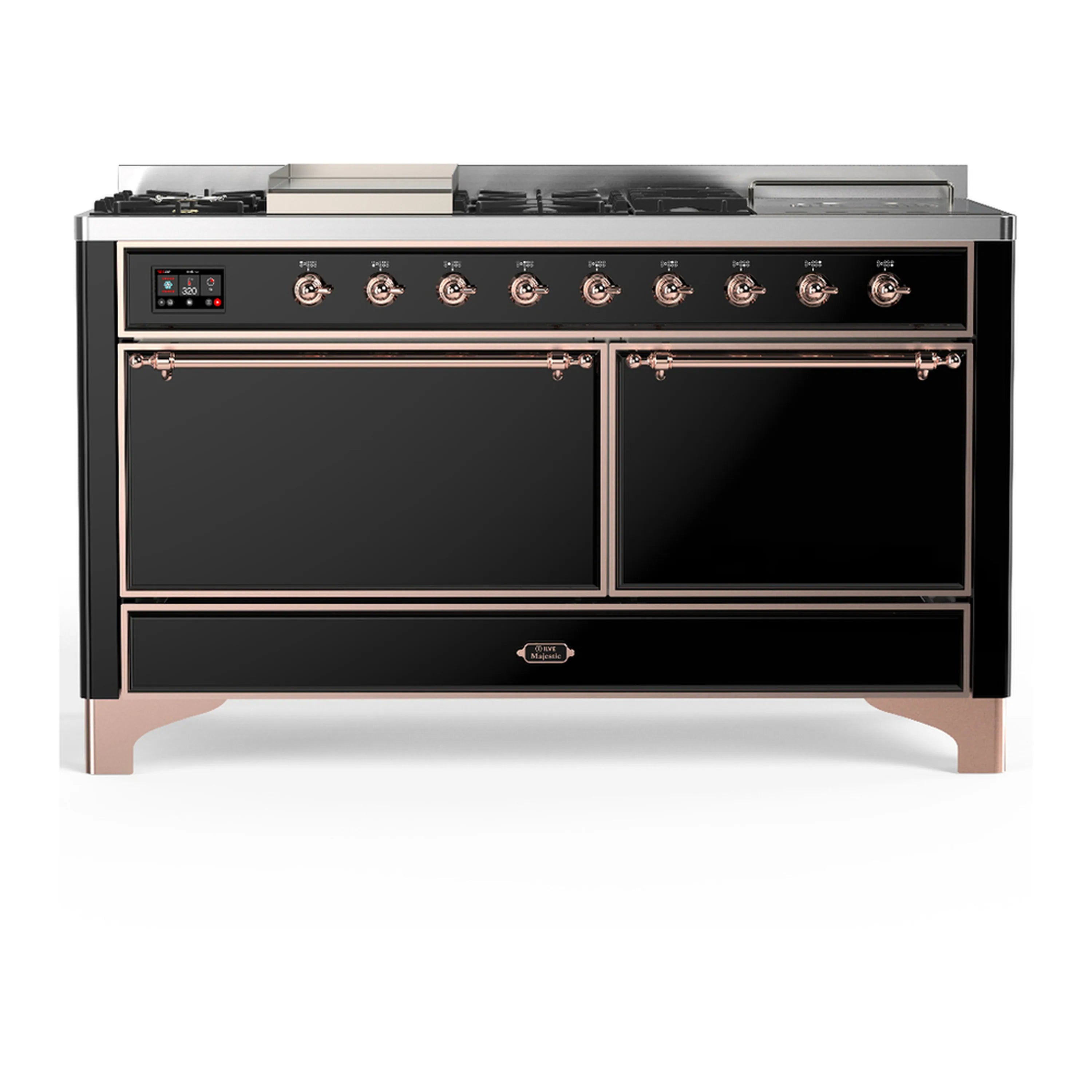 Dual fuel range in glossy black with copper trim, two oven doors and control panel