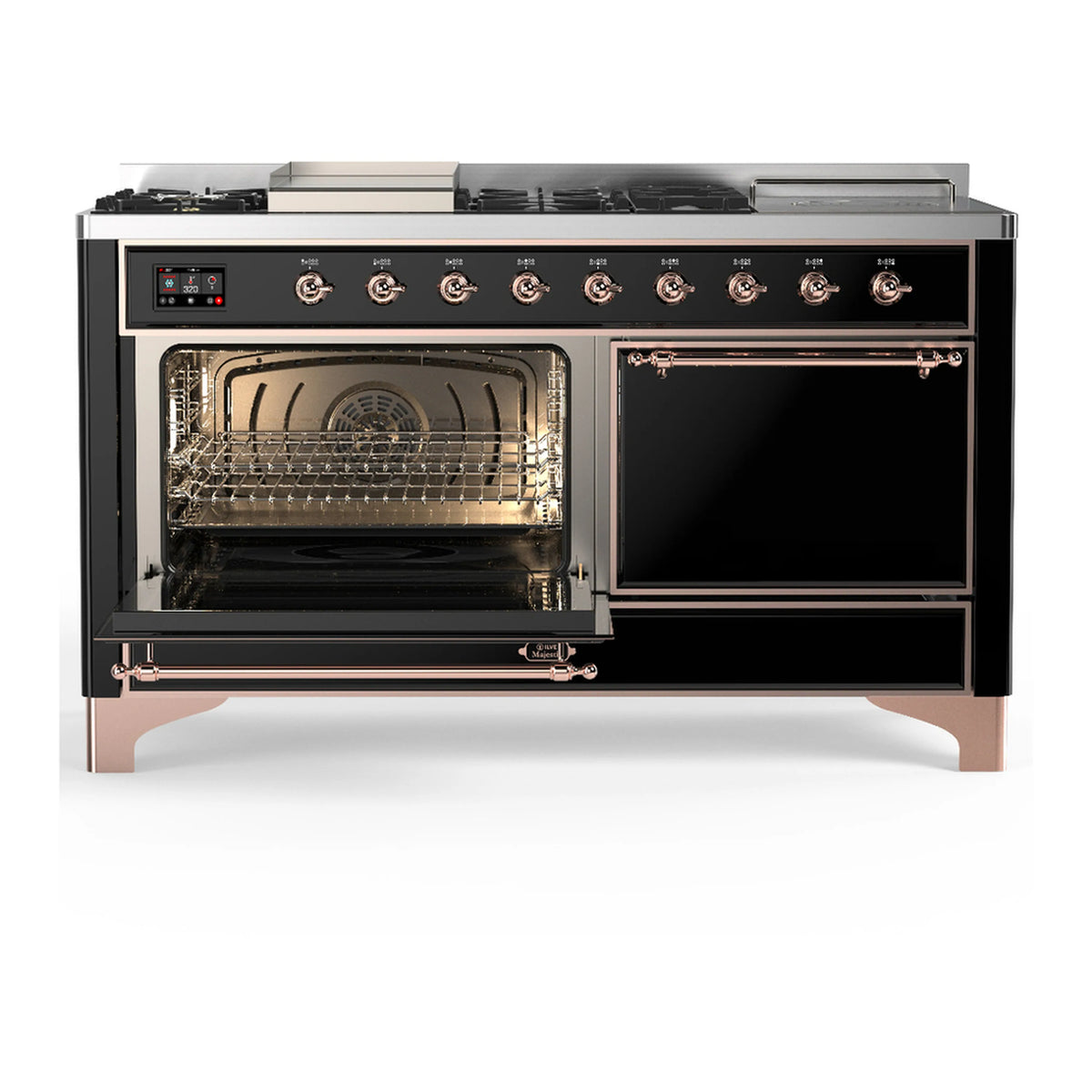 Dual fuel range in glossy black with copper trim, open oven door and wire racks