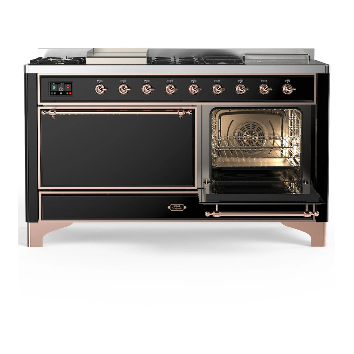Dual fuel range in glossy black with copper trim, front view with right oven door open