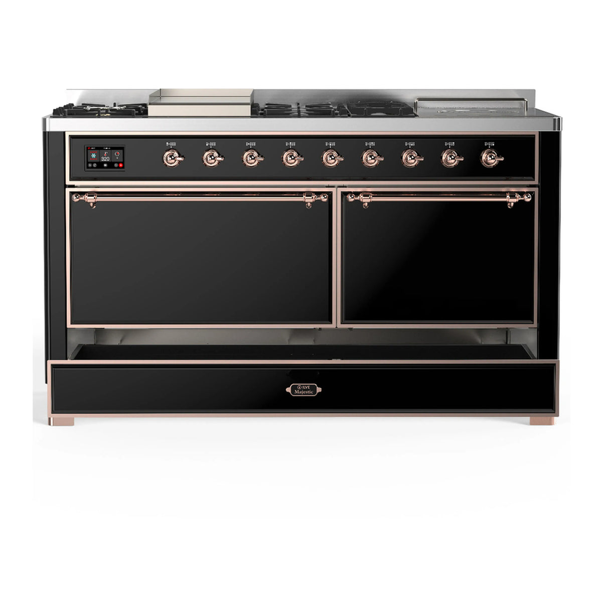 Dual fuel range in glossy black with copper trim, oven doors closed and drawer open