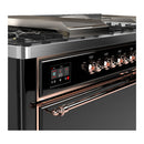 ILVE Majestic III 60-inch Dual Fuel Range with 5 Liquid Propane Burner, Griddle, French Top and Solid Door Electric Oven in Glossy Black with Copper Trim (UM60FSQNR3BKPLP)