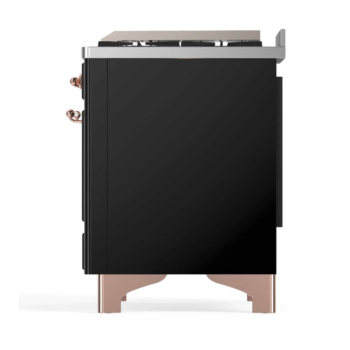 Dual fuel range side view with glossy black side panel and copper-trimmed hardware