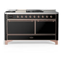 ILVE Majestic III 60-inch Dual Fuel Range with 7 Natural Gas Burner, Griddle, French Top and Solid Door Electric Oven in Glossy Black with Copper Trim (UM60FSQNR3BKP)