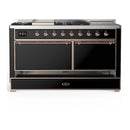 ILVE Majestic III 60-inch Dual Fuel Range with 7 Natural Gas Burner, Griddle, French Top and Solid Door Electric Oven in Glossy Black with Copper Trim (UM60FSQNR3BKP)