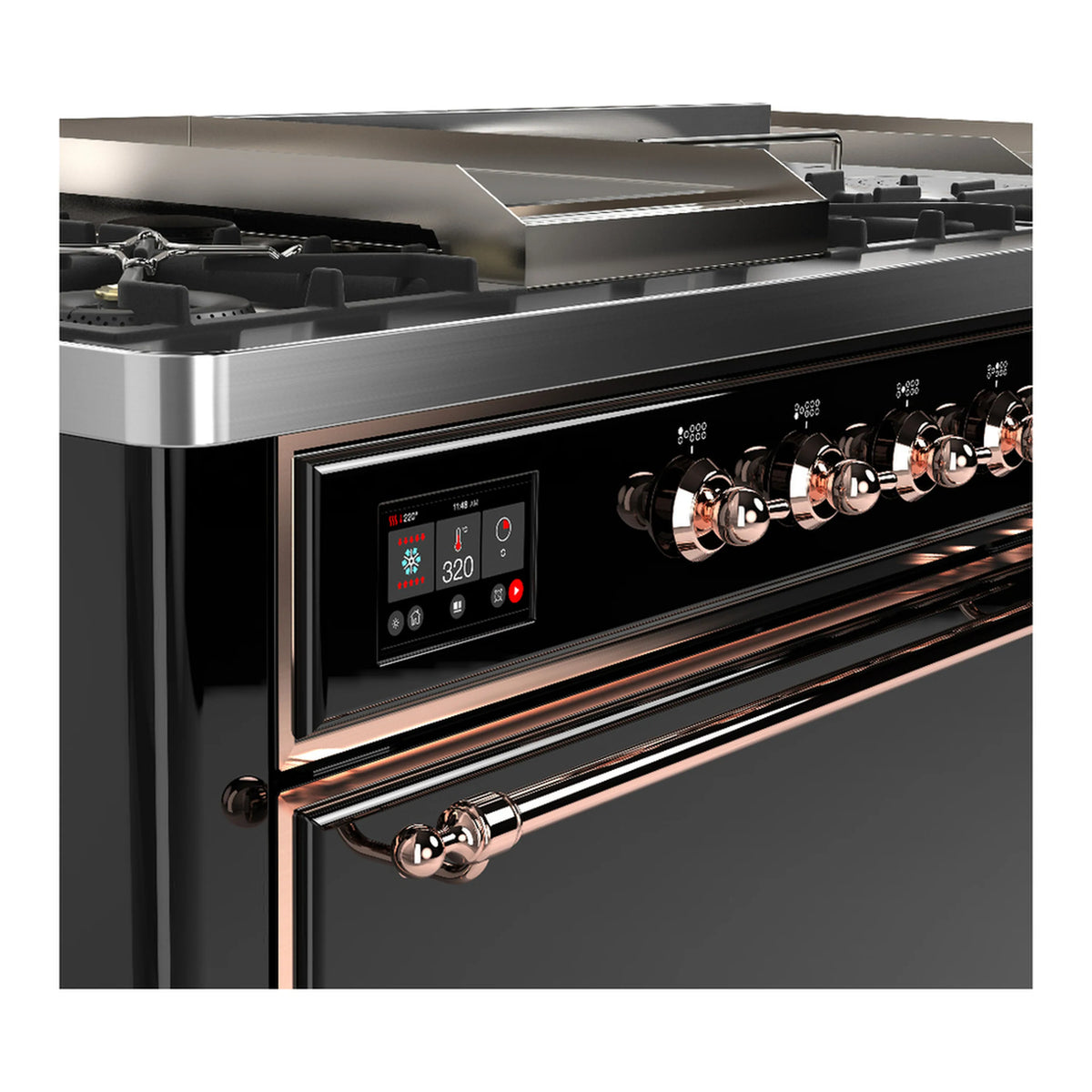 Dual fuel range side close-up of copper-trim handles and burner control panel