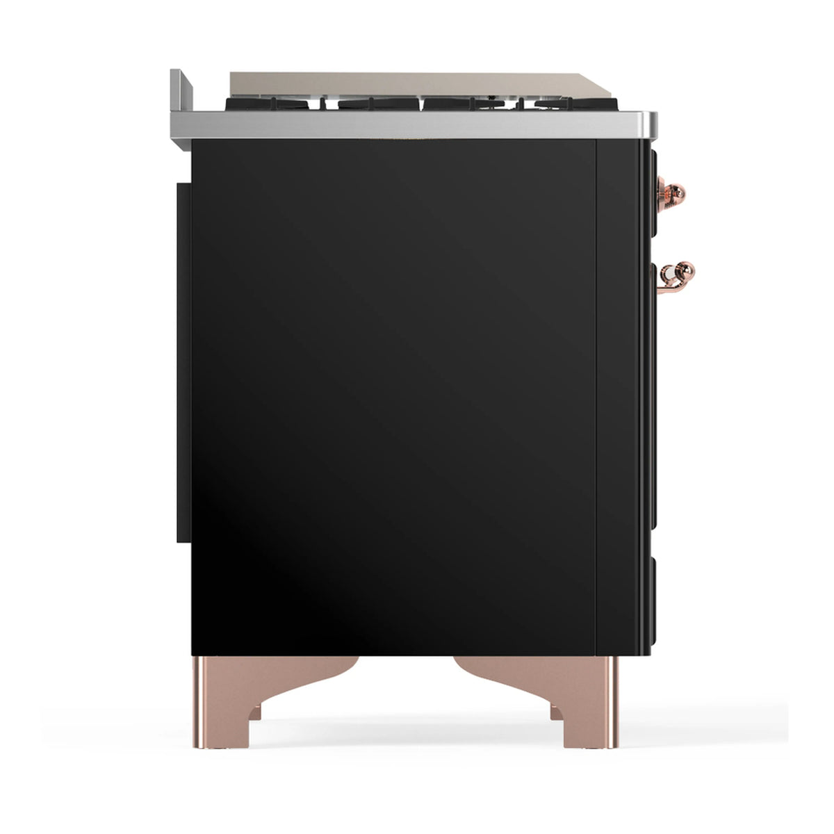 Glossy black dual fuel range side panel with copper-trimmed controls and feet