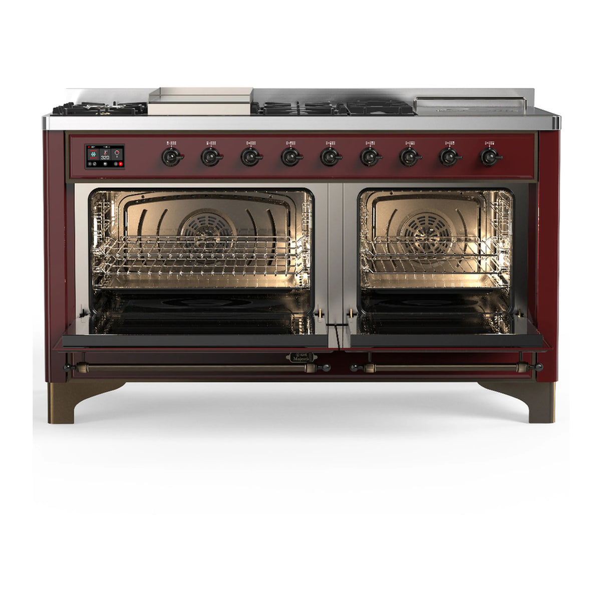 Burgundy dual fuel range with front burners and double oven doors open