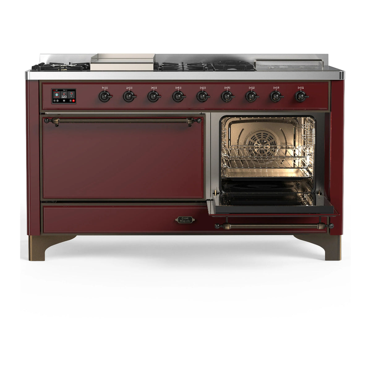 Burgundy dual fuel range with front burners and one oven door open
