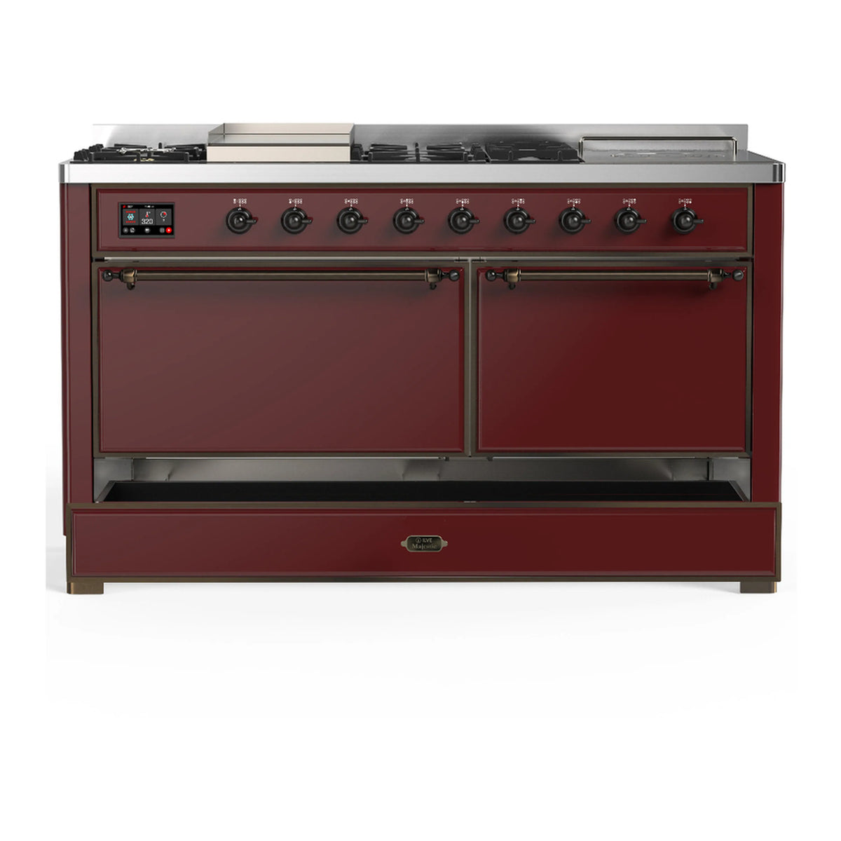 Burgundy dual fuel range with two front doors and open lower drawer