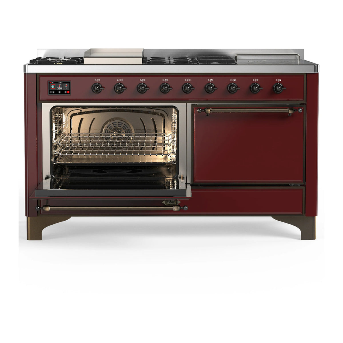 Burgundy dual fuel range with open oven and baking rack, and closed warming drawer