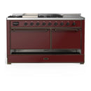 ILVE Majestic III 60-inch Dual Fuel Range with 7 Natural Gas Burner, Griddle, French Top and Solid Door Electric Oven in Burgundy with Burnished Trim (UM60FSQNR3BUB)