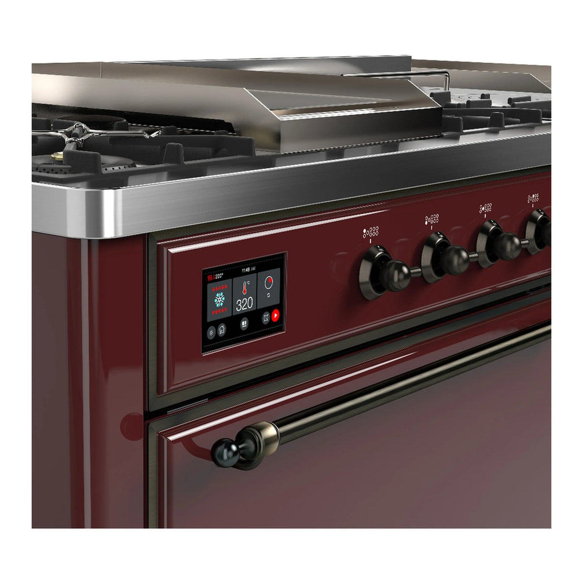 Burgundy dual fuel range control panel with knobs and digital display, close-up