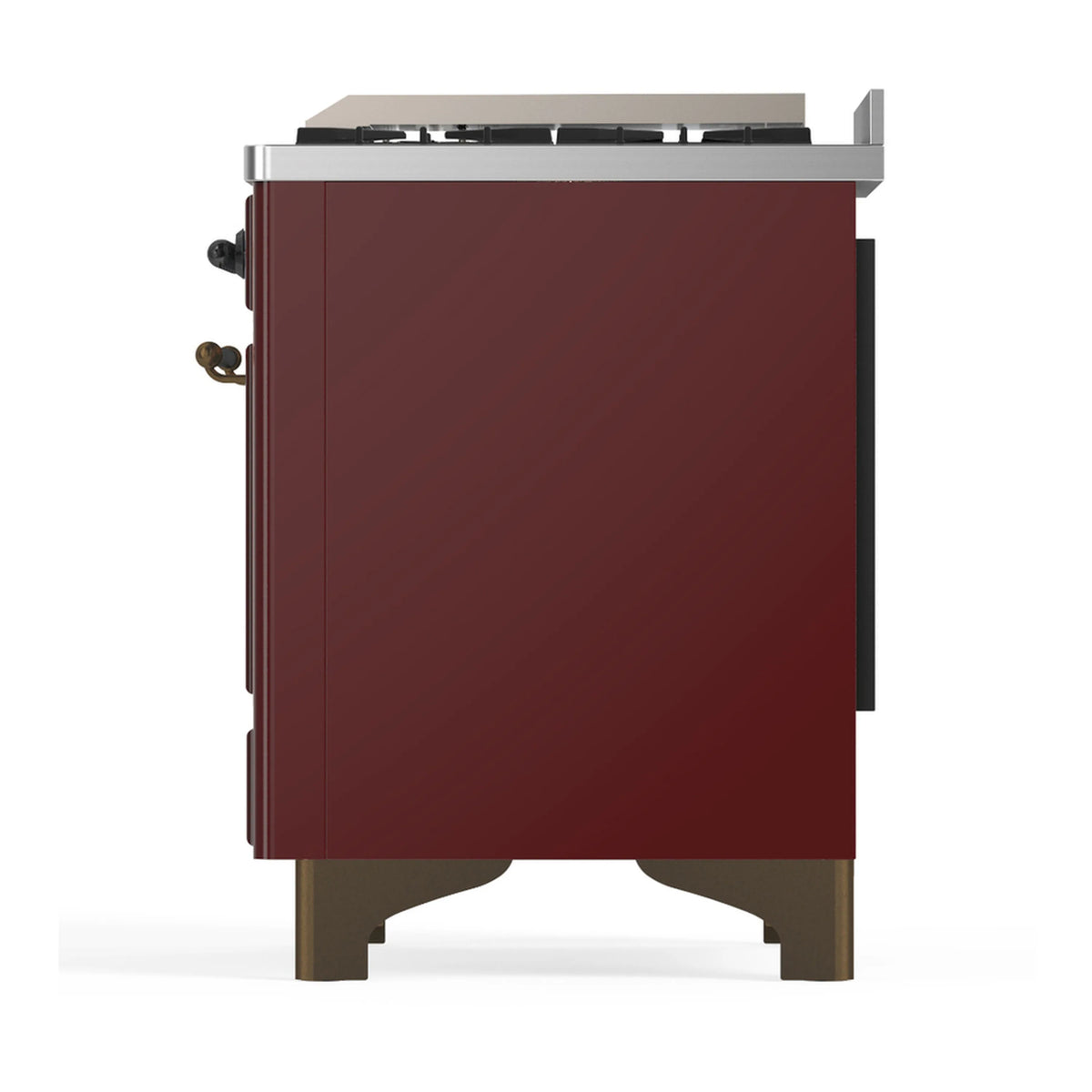 Burgundy dual fuel range back view with flue vent and stainless top grates