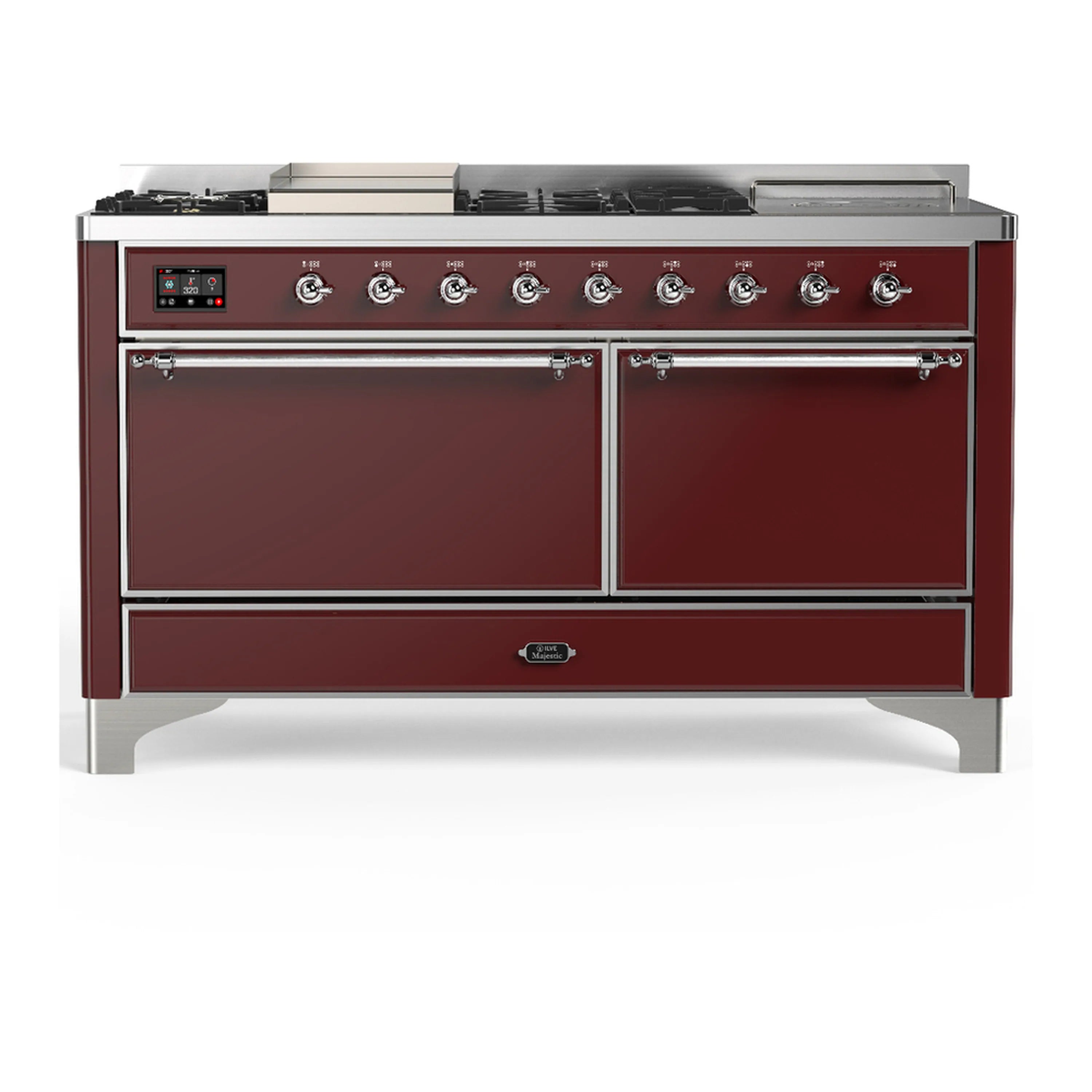 Burgundy dual fuel range with two oven doors closed; chrome handles, control panel