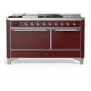 ILVE Majestic III 60-inch Dual Fuel Range with 5 Liquid Propane Burner, Griddle, French Top and Solid Door Electric Oven in Burgundy with Chrome Trim (UM60FSQNR3BUCLP)