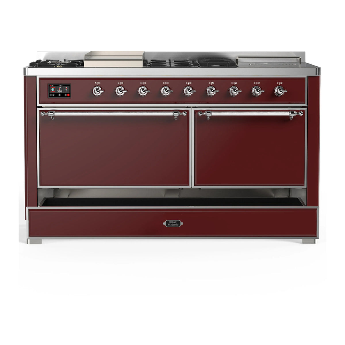 Burgundy dual fuel range with chrome trim; left side open oven doors and storage drawer