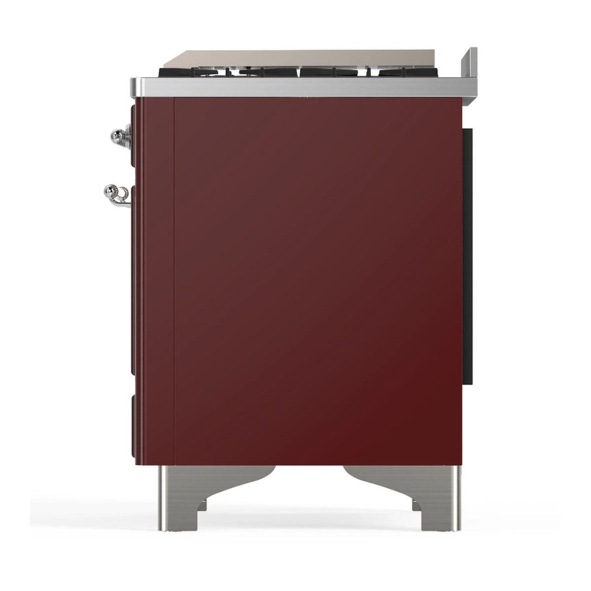 Burgundy dual fuel range back corner view with chrome trim and side control details