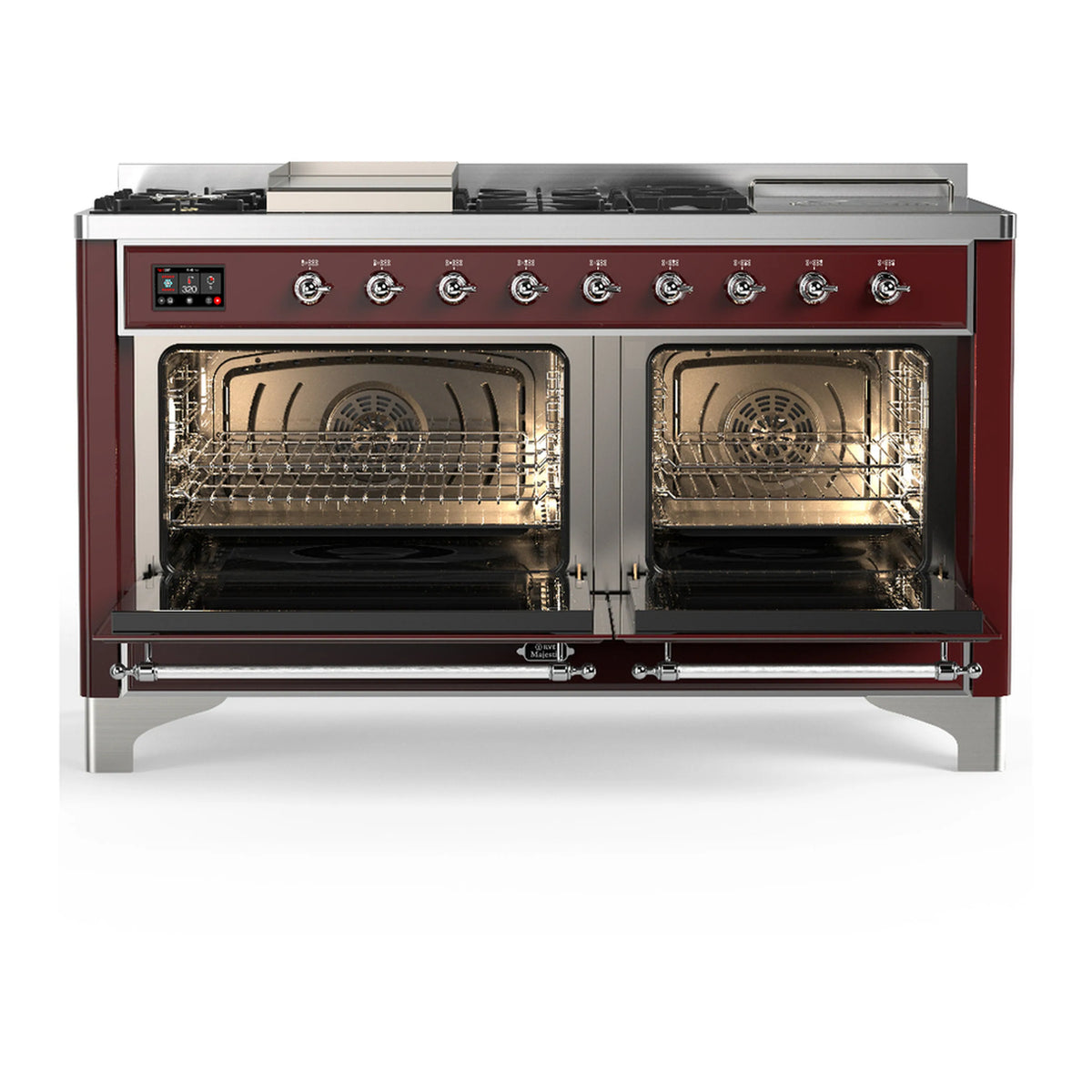 Burgundy dual fuel range with oven doors open, showing two oven compartments
