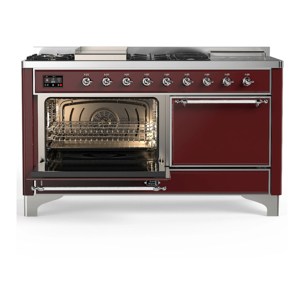Burgundy dual fuel range with one oven door open and the other front door closed