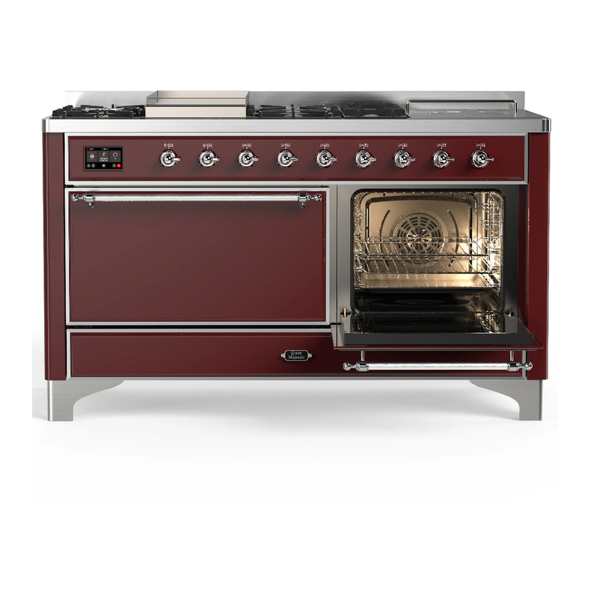 Burgundy dual fuel range with right oven door open and left front door closed