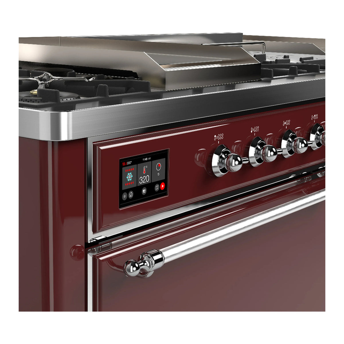 Burgundy dual fuel range control panel with chrome knobs and digital display