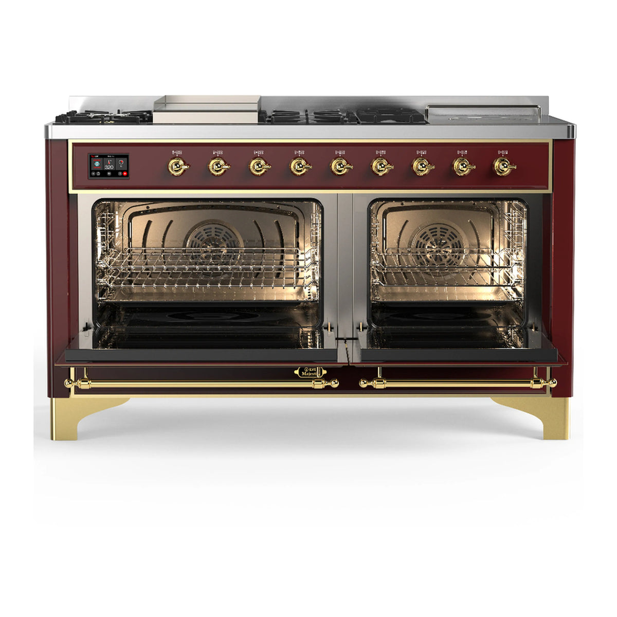 Burgundy dual fuel range with two open oven doors and racks visible inside
