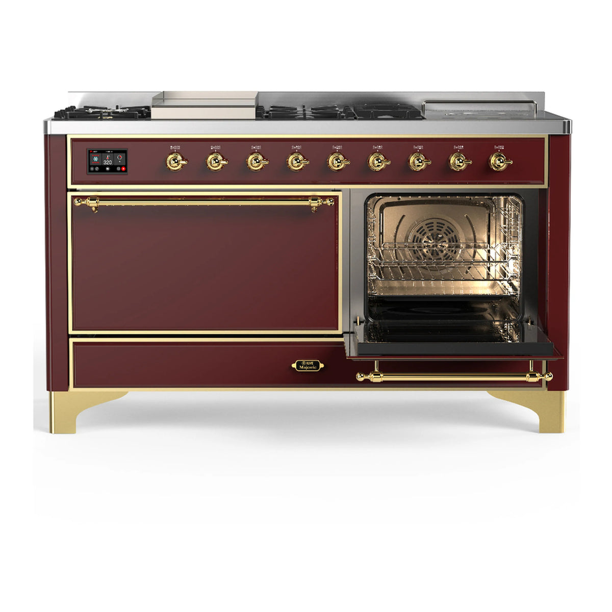 Burgundy dual fuel range with open oven door and front control panel