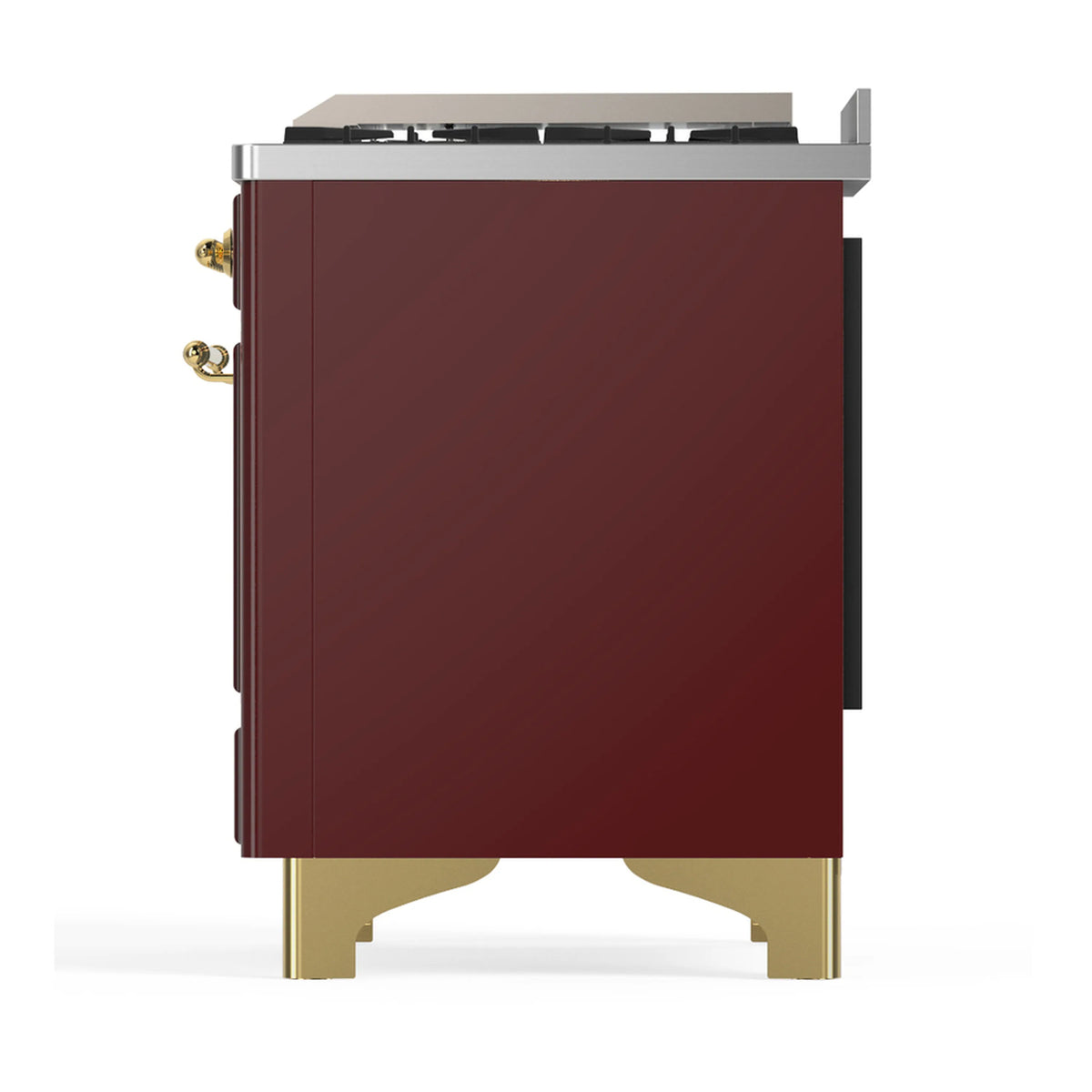 Burgundy dual fuel range side view with brass knobs and handle