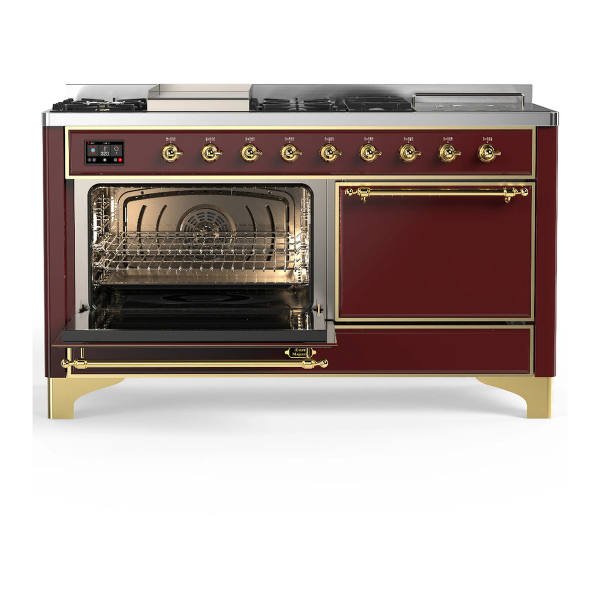 Burgundy dual fuel range with oven door open and brass handle, interior rack visible