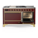 ILVE Majestic III 60-inch Dual Fuel Range with 7 Natural Gas Burner, Griddle, French Top and Solid Door Electric Oven in Burgundy with Brass Trim (UM60FSQNR3BUG)
