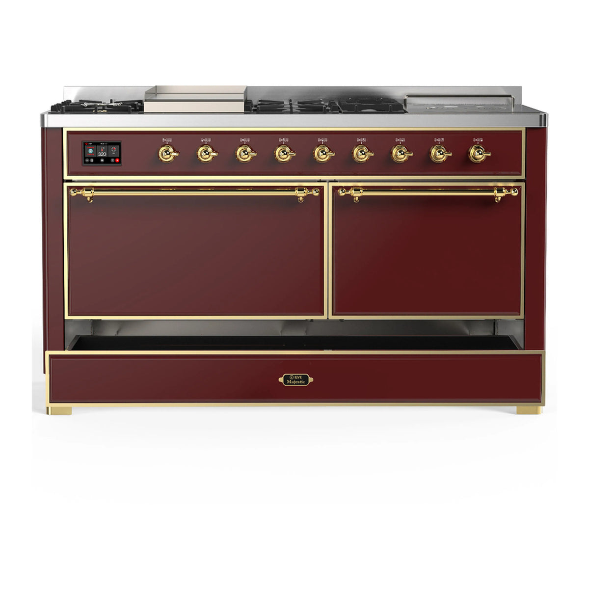 Burgundy dual fuel range with two upper doors and lower drawer, brass trim accents