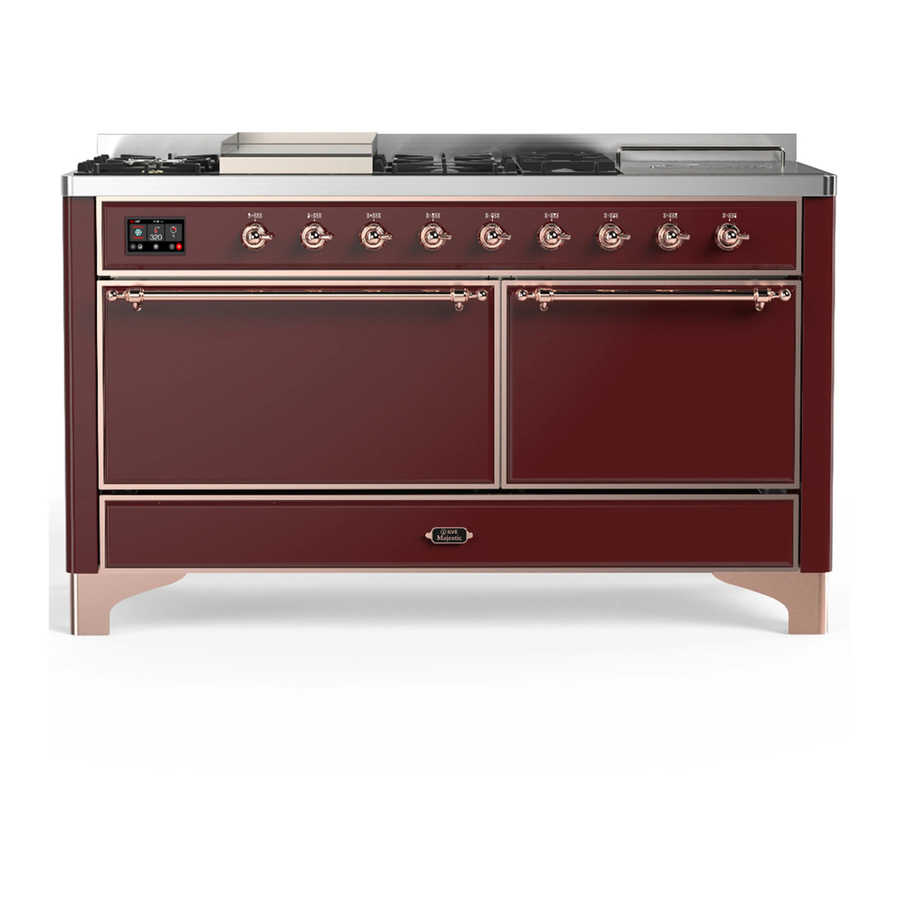 Burgundy dual fuel range with copper trim, two oven doors, and control panel on front.