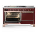 ILVE Majestic III 60-inch Dual Fuel Range with 5 Liquid Propane Burner, Griddle, French Top and Solid Door Electric Oven in Burgundy with Copper Trim (UM60FSQNR3BUPLP)