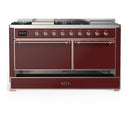 ILVE Majestic III 60-inch Dual Fuel Range with 5 Liquid Propane Burner, Griddle, French Top and Solid Door Electric Oven in Burgundy with Copper Trim (UM60FSQNR3BUPLP)