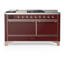 ILVE Majestic III 60-inch Dual Fuel Range with 7 Natural Gas Burner, Griddle, French Top and Solid Door Electric Oven in Burgundy with Copper Trim (UM60FSQNR3BUP)