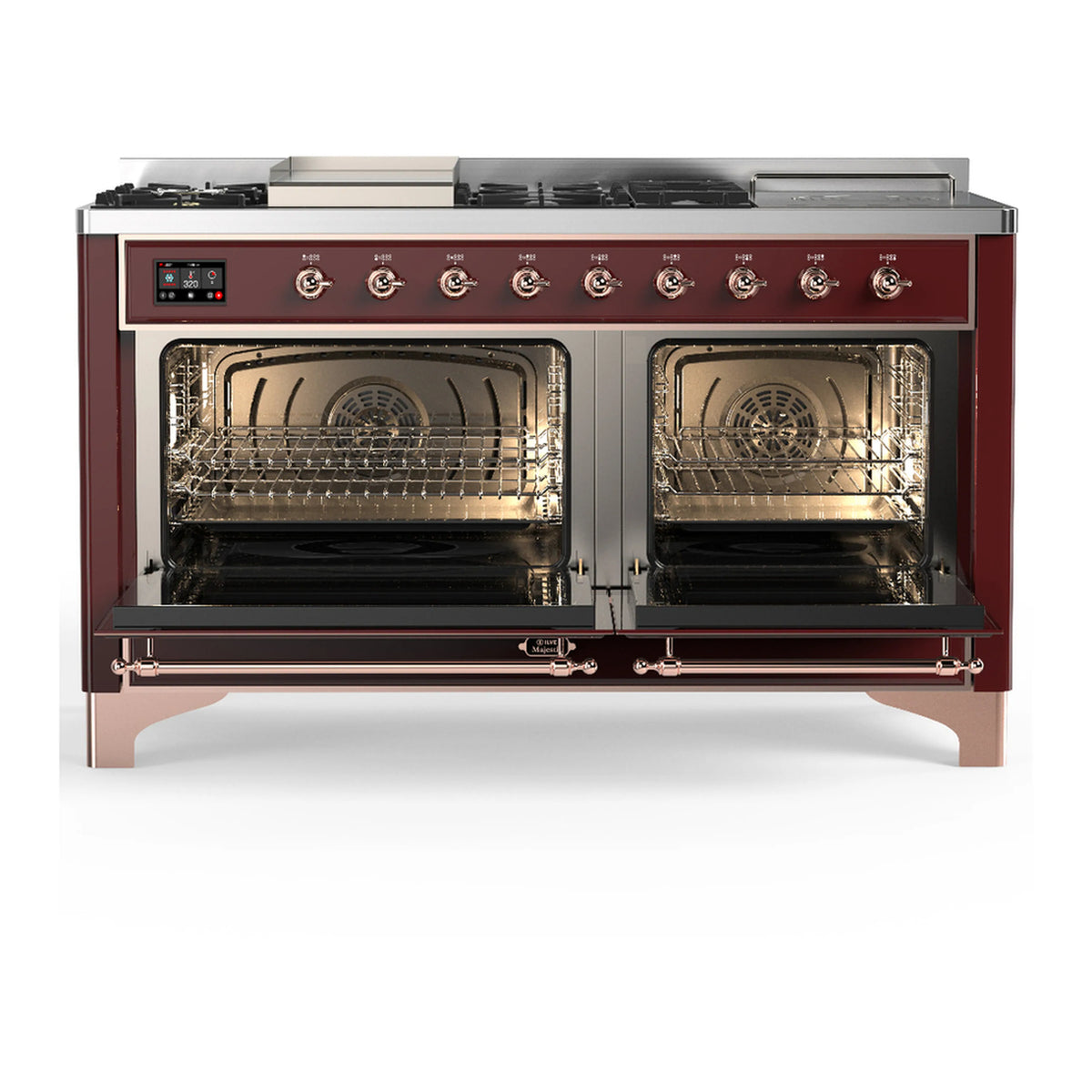 Burgundy dual fuel range with copper trim, two oven doors open showing racks and burners
