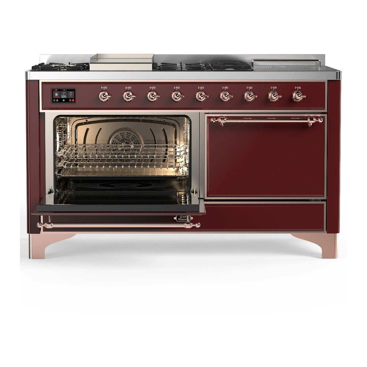 Burgundy dual fuel range with copper trim, left oven open with wire rack and burner
